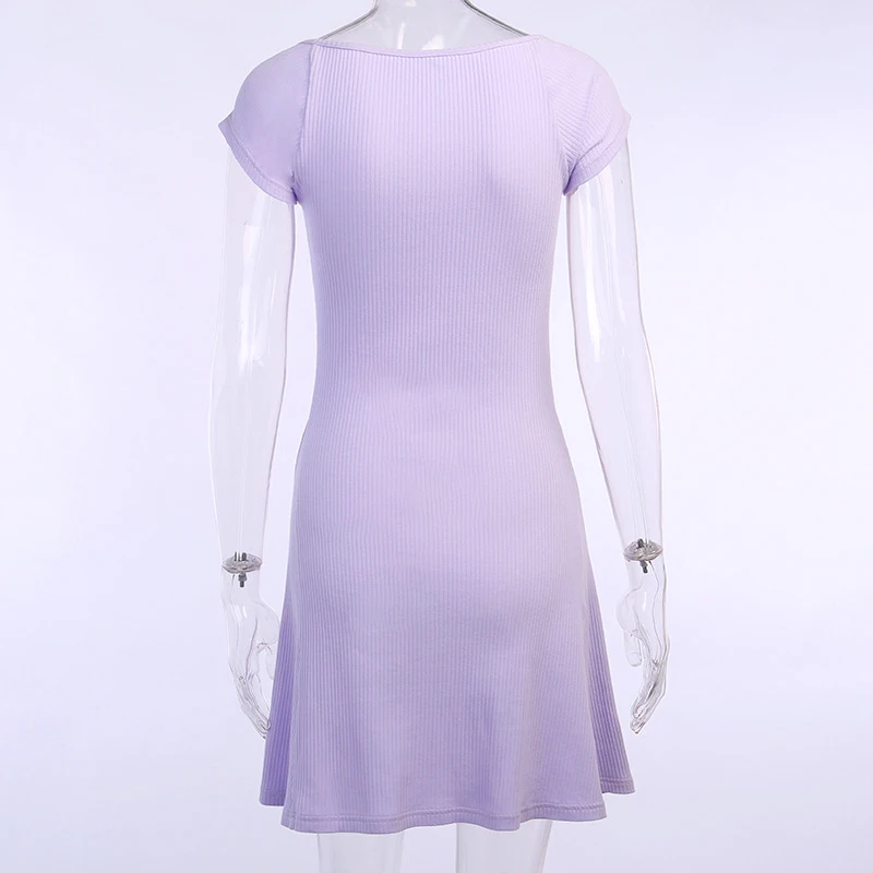 

Square Collar Short Sleeve Mini Dress Women Slim Knitted Elastic Solid Color Fashion Summer Elegant Party Dress