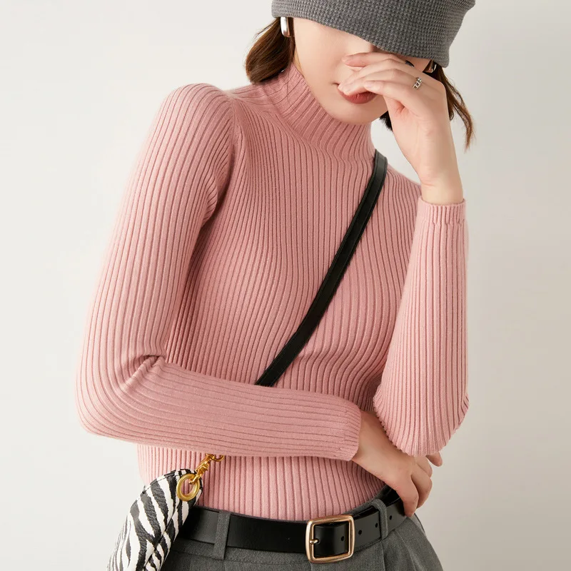 

21 New Style in Autumn with Half High Neck Striped Sweater, Korean Slim Fit Sweater, Women's Long Sleeve Bottomed Shirt