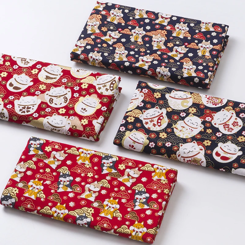 Ткань хлопковая бронзовая для платья в японском стиле с принтом виде кошки и