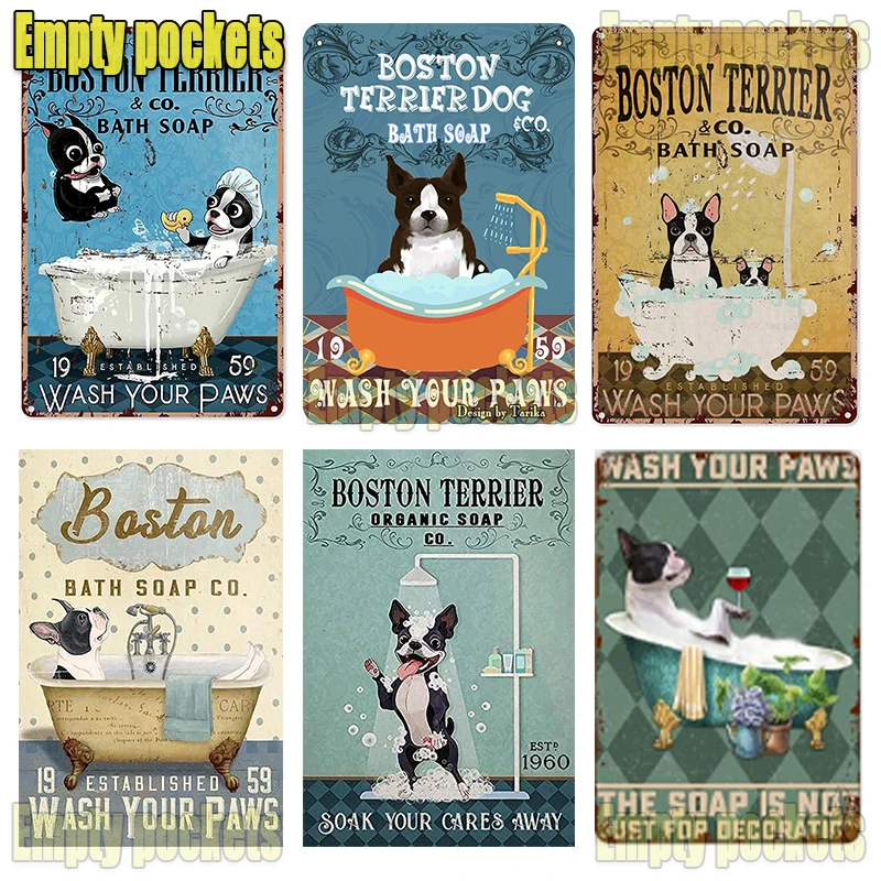 Металлический жестяной знак Boston Terrier для ванной комнаты вымыть лапы в стиле ретро