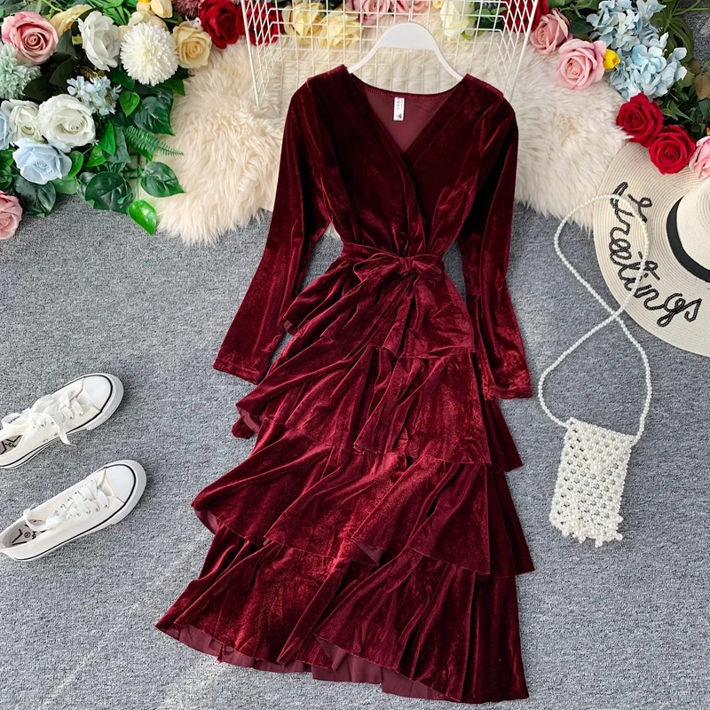 Женское вельветовечерние платье Young Gee Повседневное с длинным рукавом