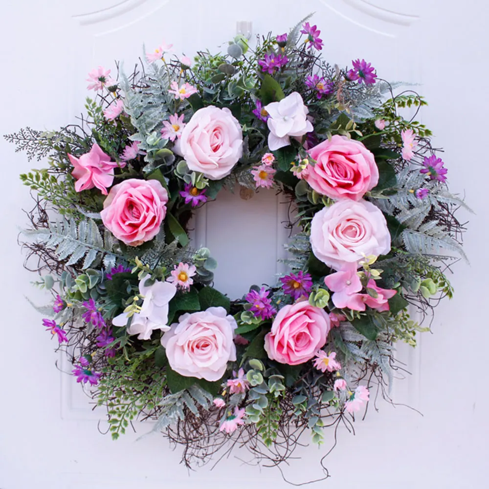 Weddinng Artificial Rose Flower Wreath Silk Simulation Spring For Front Door Wall Hanging Window Wedding Party Decor | Дом и сад