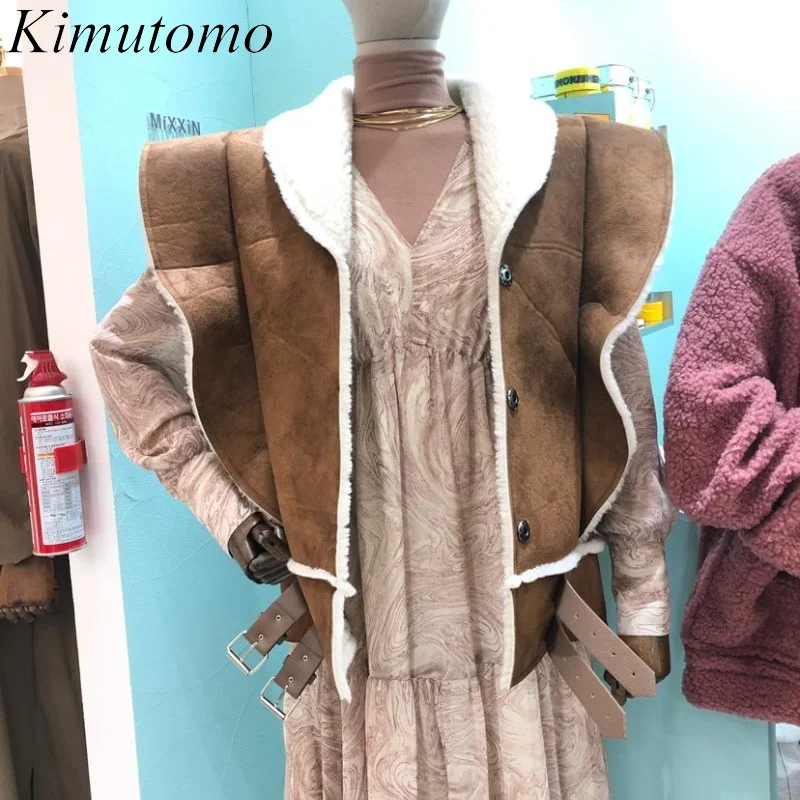 

Повседневный замшевый жилет Kimutomo для женщин, новинка осень-зима 2021, модное Свободное пальто из овечьей шерсти с отложным воротником и рукав...