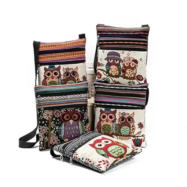 Fashion Ethnic Style Women Messenger Bags Dual Zipped Cartoon Owl Embroidered Shopping Ladies Girls Shoulder Bag Best Sale-WT |