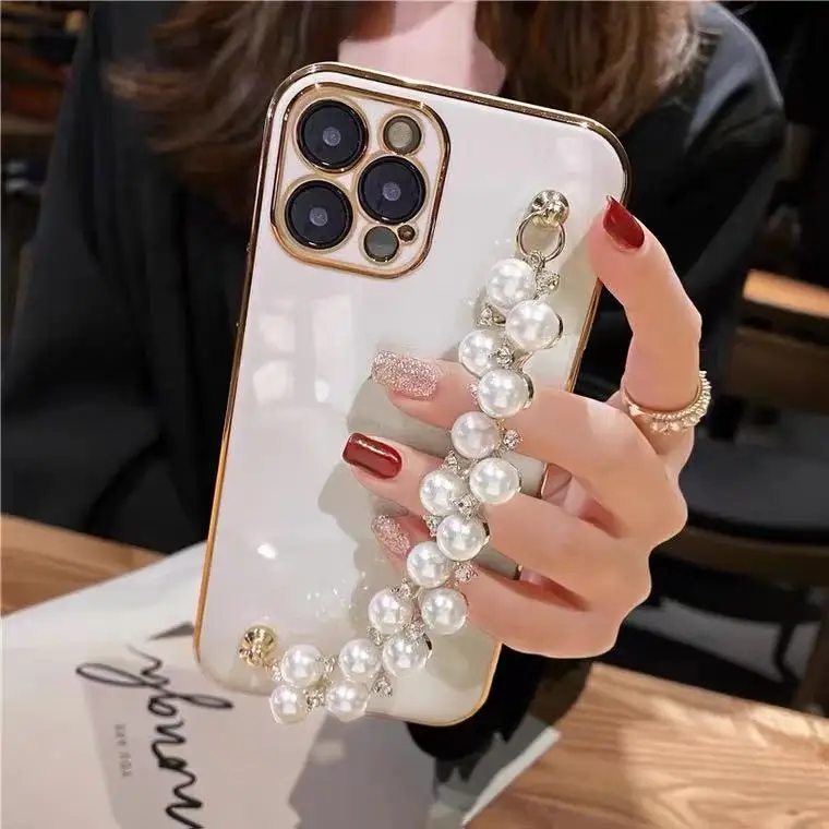 

New For iPhone13 Pro Max Case Luxury Pearl Bracelet Plating Silicone Phone Apple 11 12 iX XR XsMax Se2020 7 8 Plus Phone Case