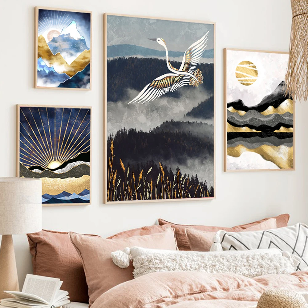 

Golden Sun Mountain Poster Wild Animals Canvas Painting Natural Art Print Landscape Wall Pictures for Living Room Home Decor