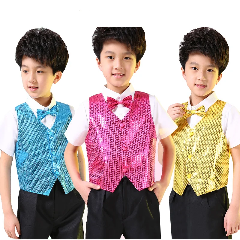 

2021 New Shining Clothes Boys Choir Students Performance Costumes Kids Hip-hop Jazz Dance Sequined Vest Stage Dance