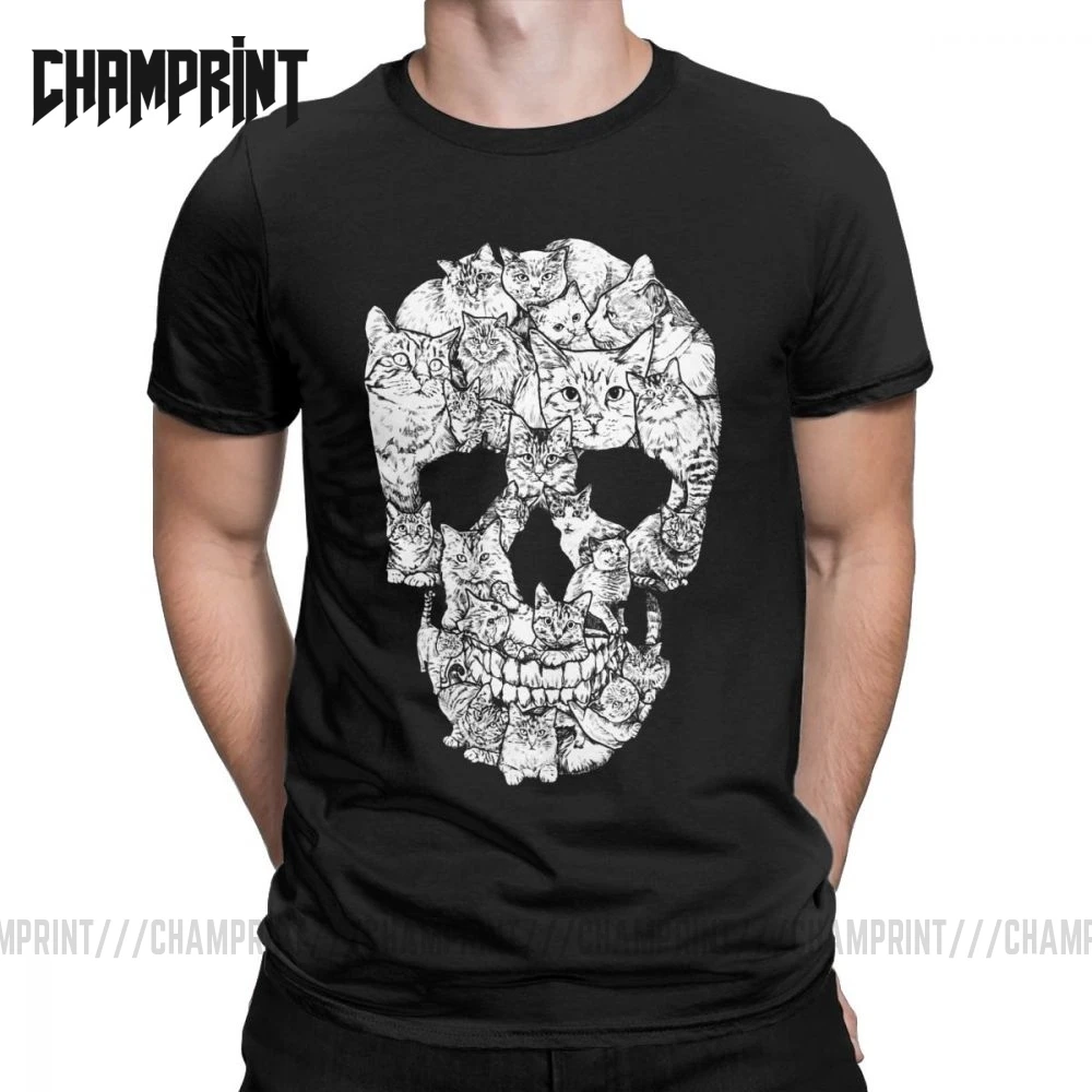 

Unique Cat Skull Skeleton Horror Scary T-Shirt for Men Cotton T Shirt Kitten Goth Gothic Punk Halloween Tees Gift Idea Clothing