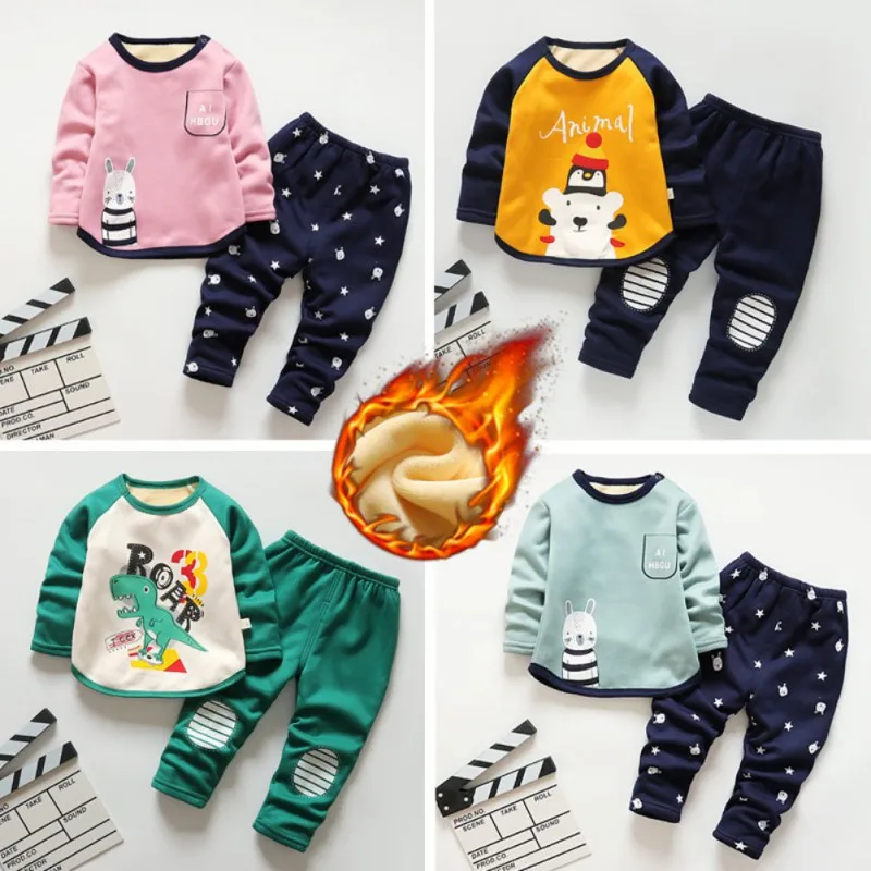 

Children Spring Autumn Winter Plus Velvet Pajamas Set Thickening Home Service Top + Cartoon Print Pants Two-Piece Set