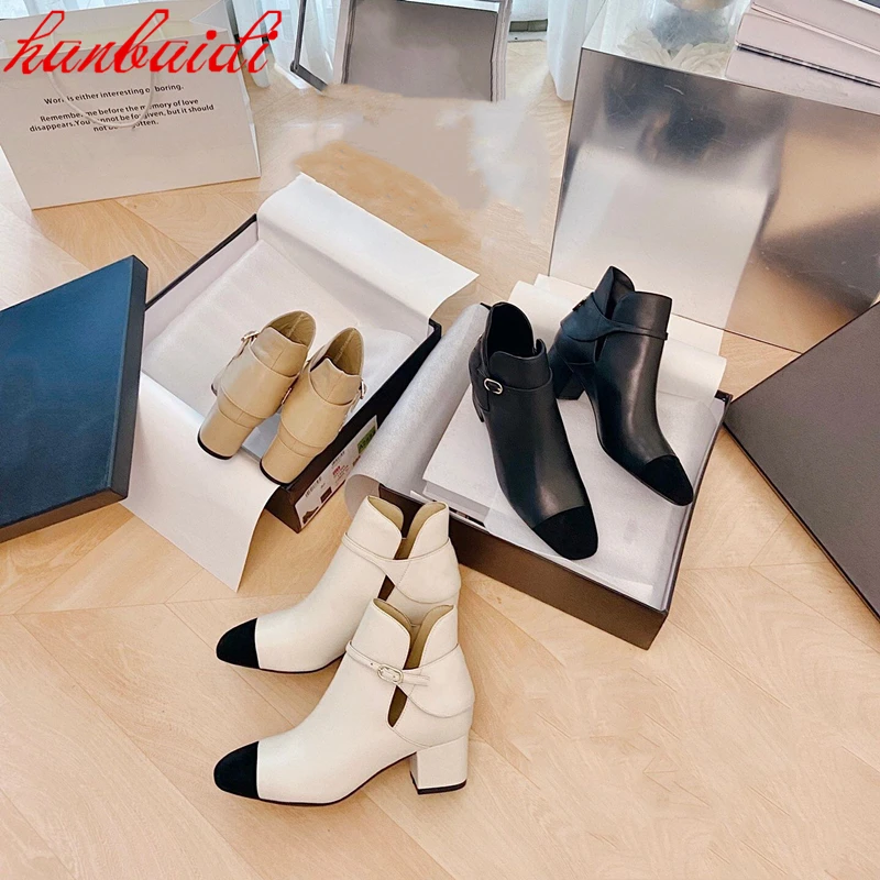 

Square Heels Fashion Ankle Boots Autumn Women Shoes Genuine Leather Boot Patchwork Belt Buckle Shoe British Style De Mujer