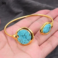 guaiguai jewelry blue turquoises real stone 24 k gold color plated bangle bracelet for women
