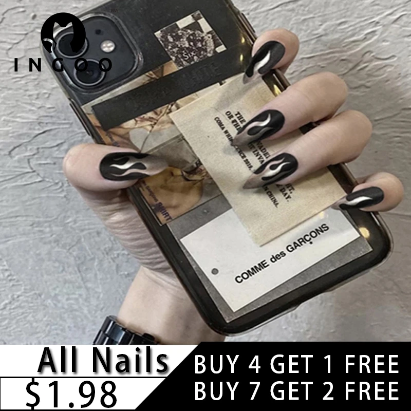 

24 шт., накладные ногти на шпильках с принтом золотого пламени