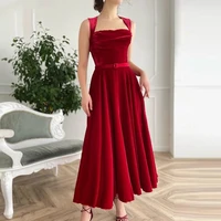 elegant velvet boat neck evening dress 2021 a line red simple women pleat prom dress sashes backless sleeveless robes de soir%c3%a9e