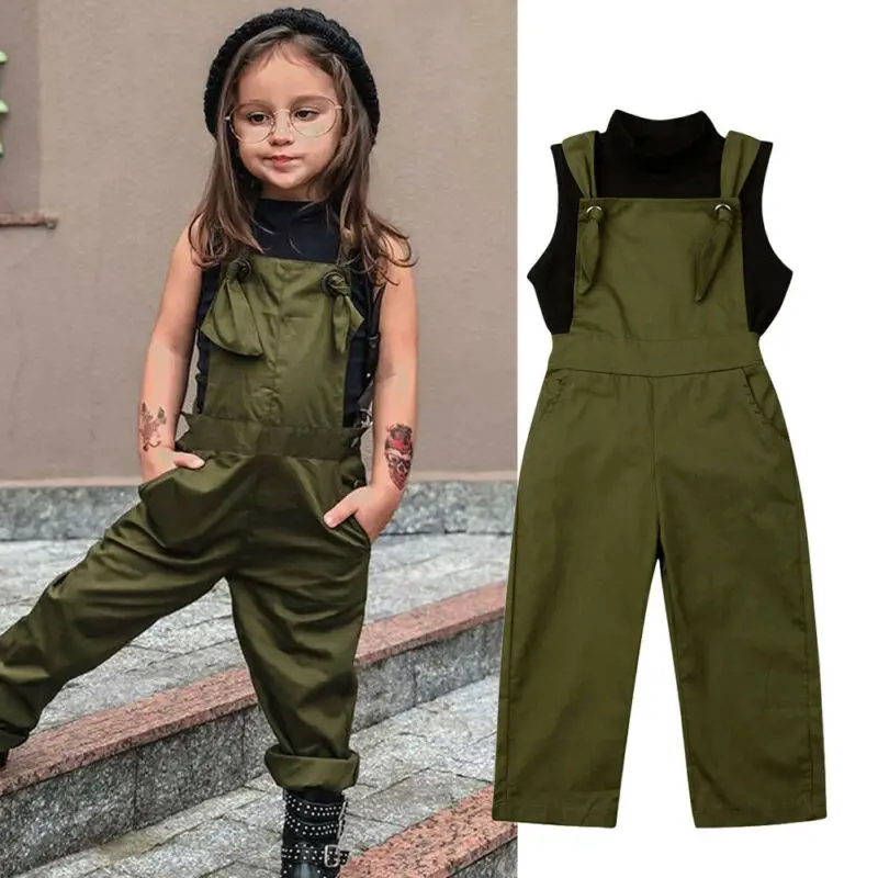 Shein детские комбинезоны для девочек ясельного возраста, Sleeveelss, тёмно-зелёный комбинезон, черный жилет, спадающий с плеча Топ, комбинезон, комплект одежды из 2 предметов