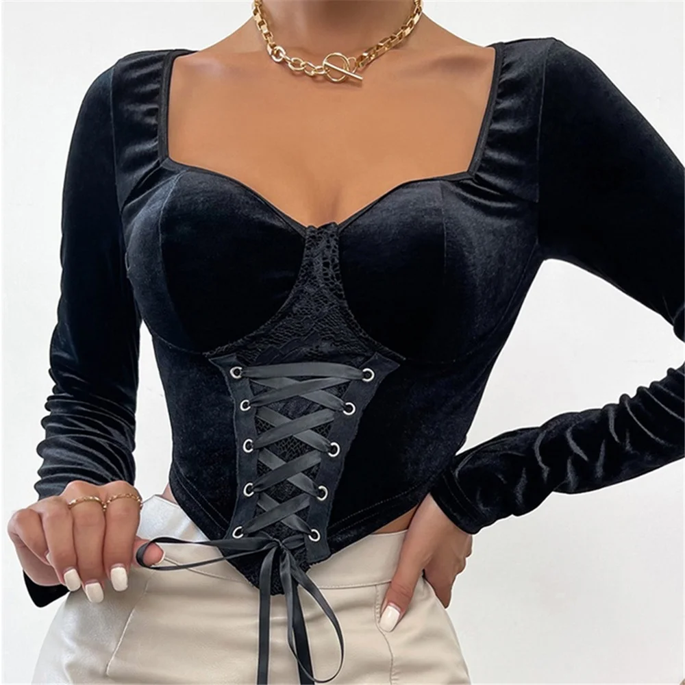 

Women Autumn Winter Velvet Cropped Tops Elegant Solid Color V-Neck Long Sleeve T-Shirt Splicing Front Lace-Up Slim Fit Blouse