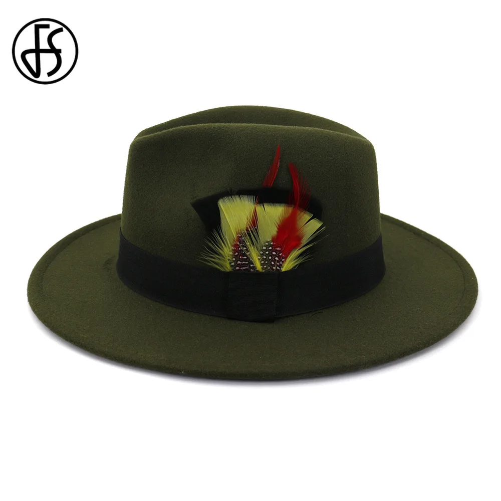 FS Винтаж перо фетровая шляпа в стиле джаз для Для женщин мужчин с широкими полями