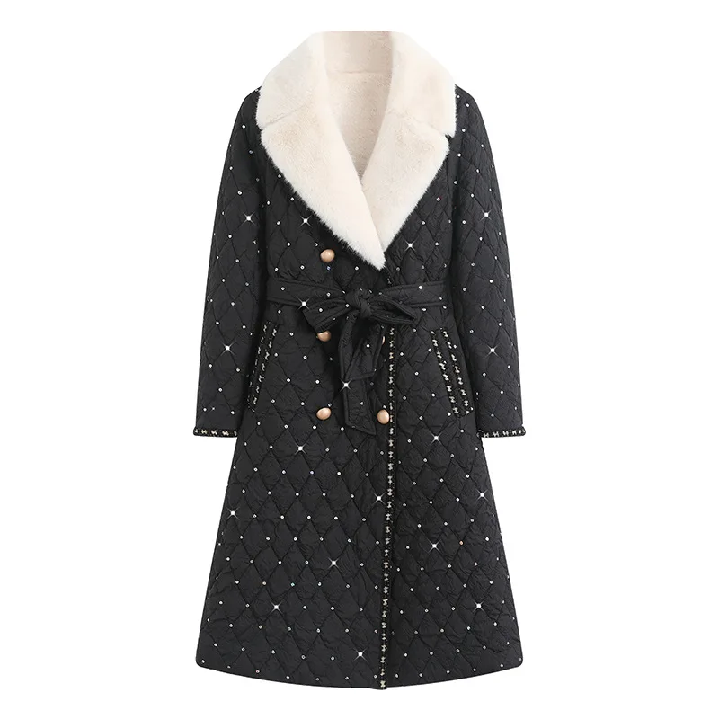 

2021 winter new imitation rabbit hair Lapel fashion double breasted Plush thickened medium length cotton clothing Sequin cotton