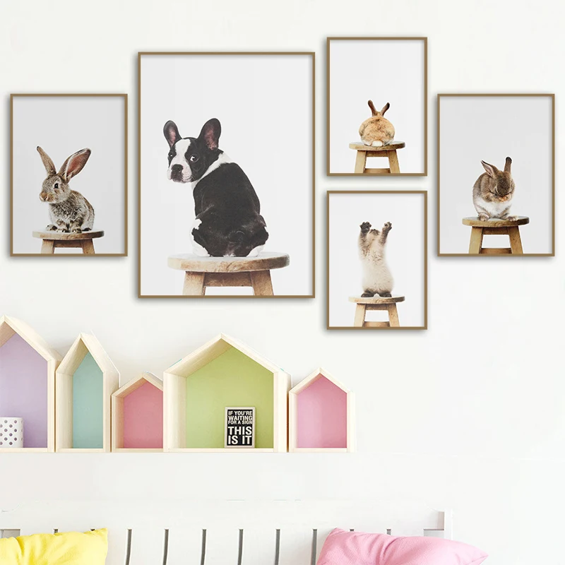 Nursery poster Cute Baby Animal Stand On Chair Poster Rabbit Dog Cat Canvas Painting Nordic Picture Kidsroom Decor Unframed | Дом и сад