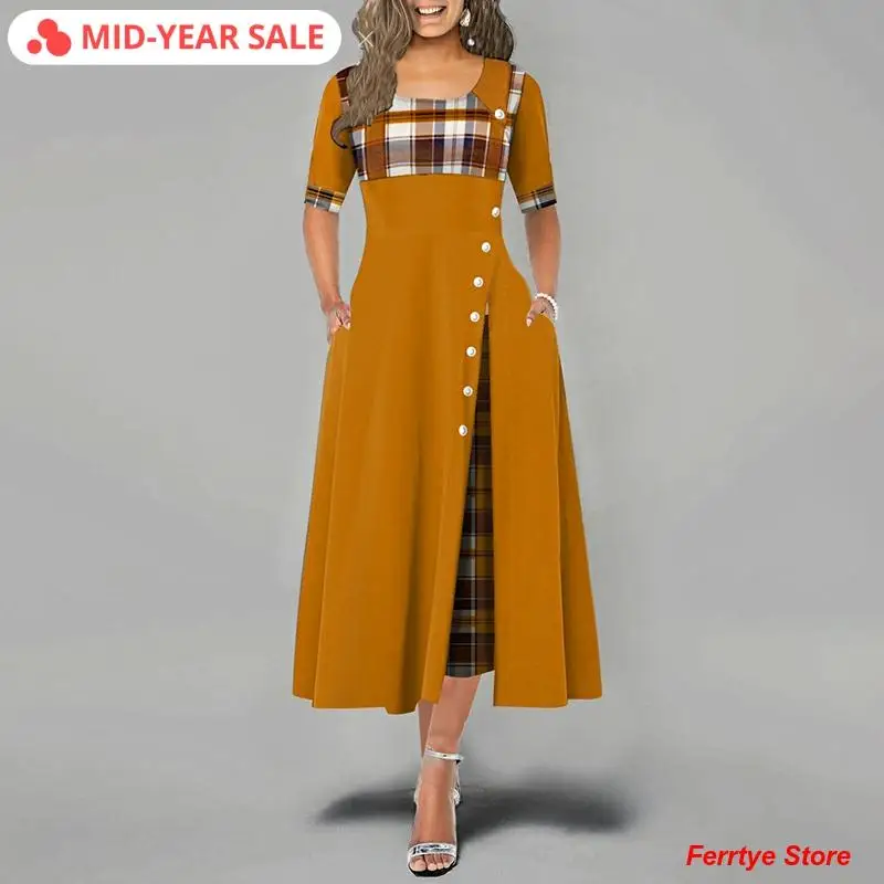 

High Waist Maxi Plaid Dresses 5XL Plus Size 2020 Summer Women Elegant New Fashion Vintage Red Half Sleeve U Neck Dress Lady