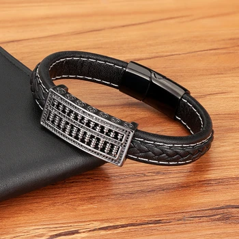 Ancient Abacus Black Leather Men Bracelet - Punk Stainless Steel 6