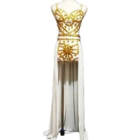 gold shining rhinestones sequins three piece suit long trailing decoration ladies dance costumes party evening stage wear