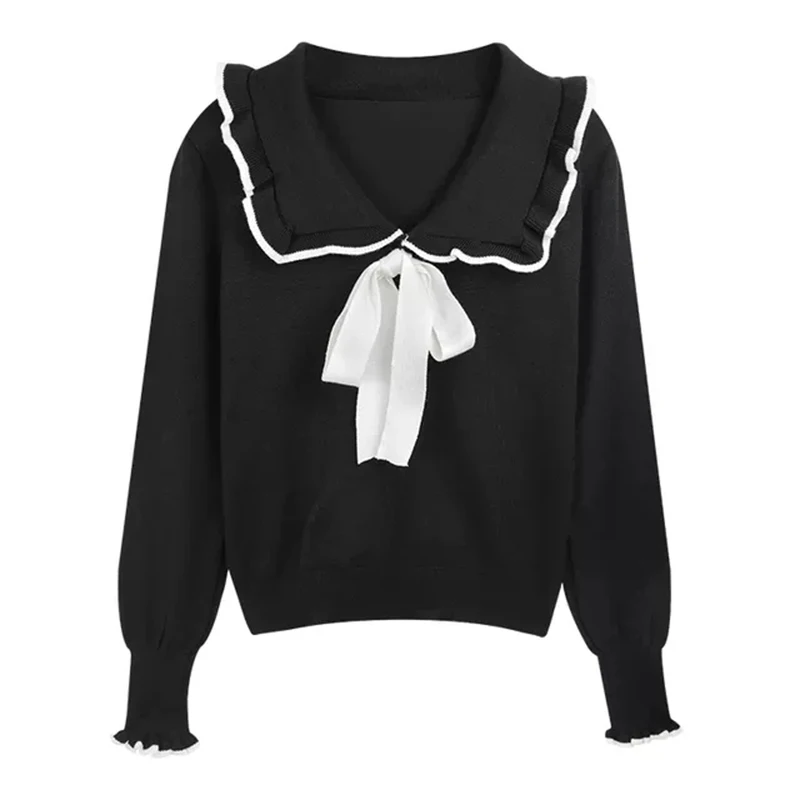 

2021Spring Summer Autumn New Women Lovely Bow Decoration Knitwear Large Size Doll Collar Leisure Solid Color Long Sleeve Sweater