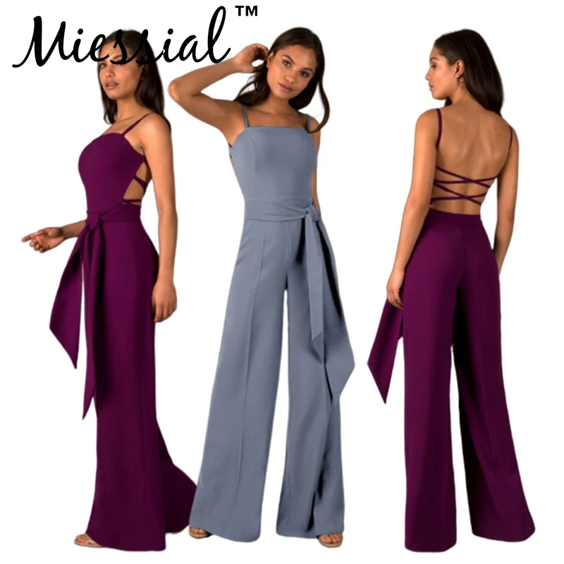 Miessial Solid backless sexy jumpsuit Women elegant Lace up office lady Autumn winter wide leg party club 2019 |