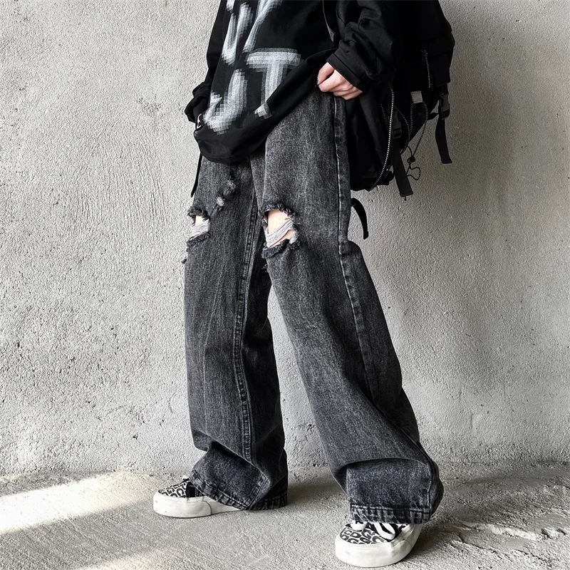 

HARAJPOO Woman Pants 2021 New Spring Autumn Korean Style Straight Hole Loose Wide-legged Casual Fashion Couples Jeans Ins Tide