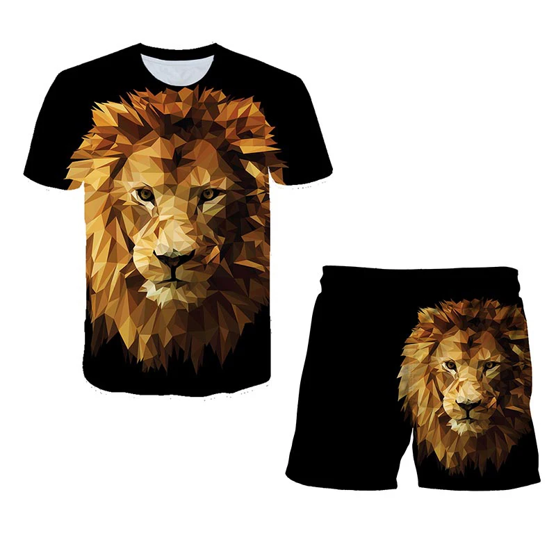 

Summer T-shirt set for boys and girls, children's sportswear for 4-14 years old, Lion King 3D graphic printing
