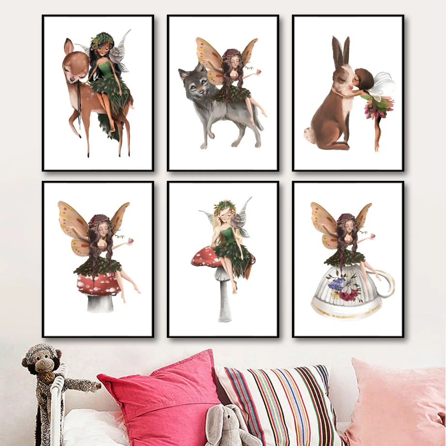 Девочка Ангел животных: кролика настенное украшение в виде БАБОЧКИ Арт холст