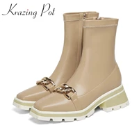 krazing pot cow leather winter square toe chelsea boots keep warm zipper metal fasteners kpop fashion stretch ankle boots l9f6