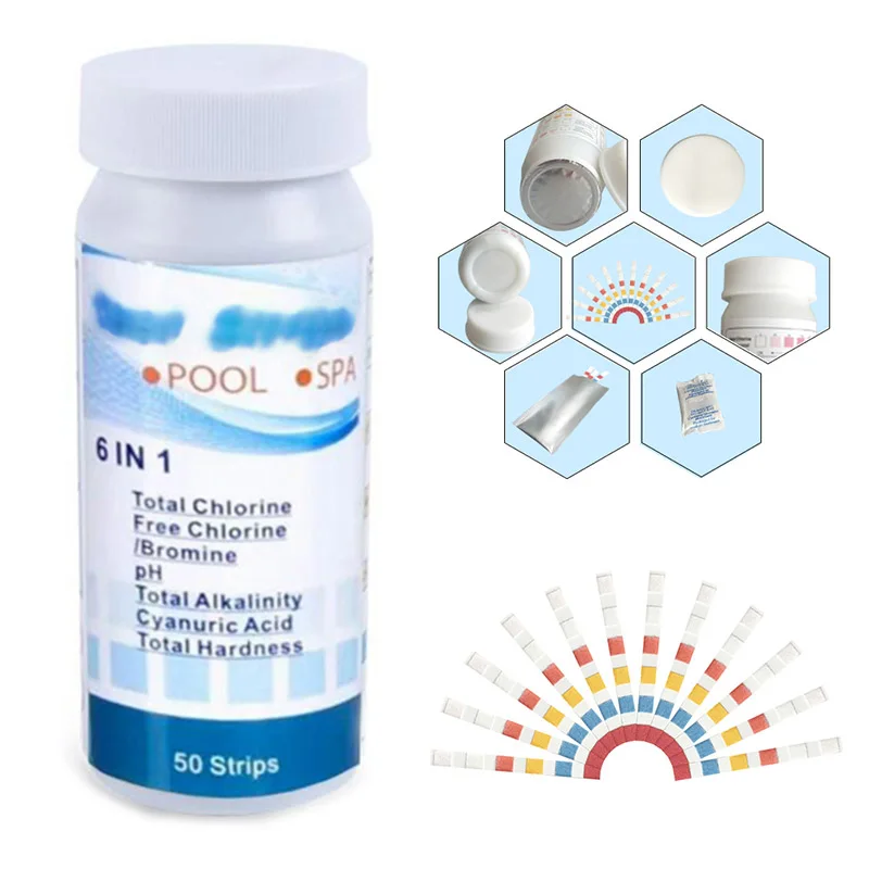 Тестовая Бумага 6 в 1 для бассейна измеритель значения остаточного хлора PH