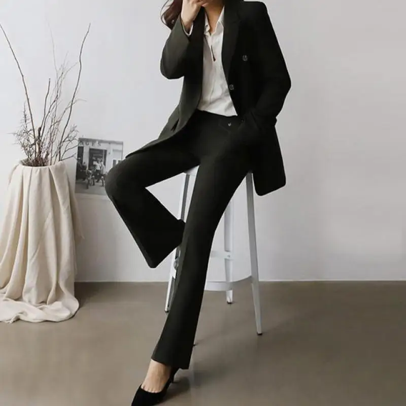 

2 Pieces Set Autumn Fashion Temperament Suit Coat Women Straight Pants Blazer Suits Black Notched Office Work Clothes