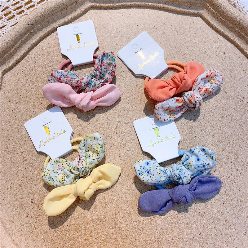 

2 Pcs Sweet Girl Simple Fresh Floral Fabric Adjustable Rabbit Ears Rubber Band Hair Rope Fashion Children's Hair Accessories