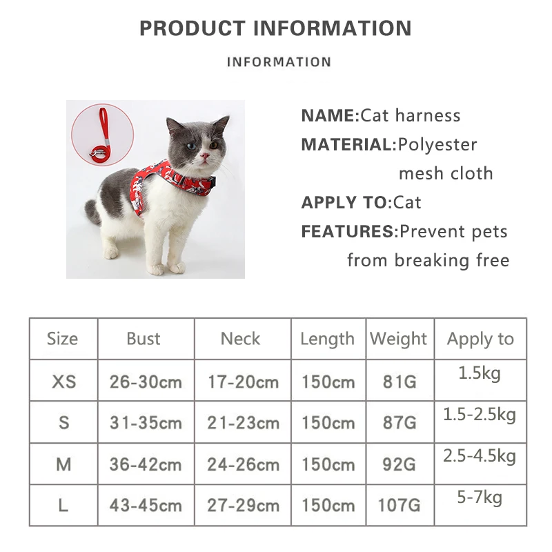 

Escape Proof Cat Vest Harness Leash Set Adjustable Reflective Harnesses Soft Breathable Chest Strap for Cats Puppy Pet Supplies