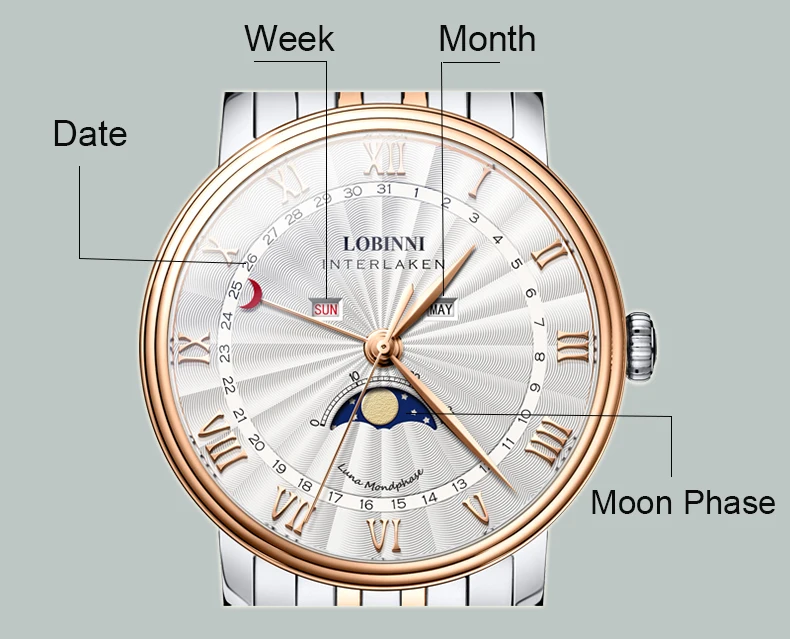 LOBINNI Роскошные Брендовые мужские часы сапфир водонепроницаемый Moon Phase кварцевые часы мужские кожаные reloj hombre календарь horloges mannen