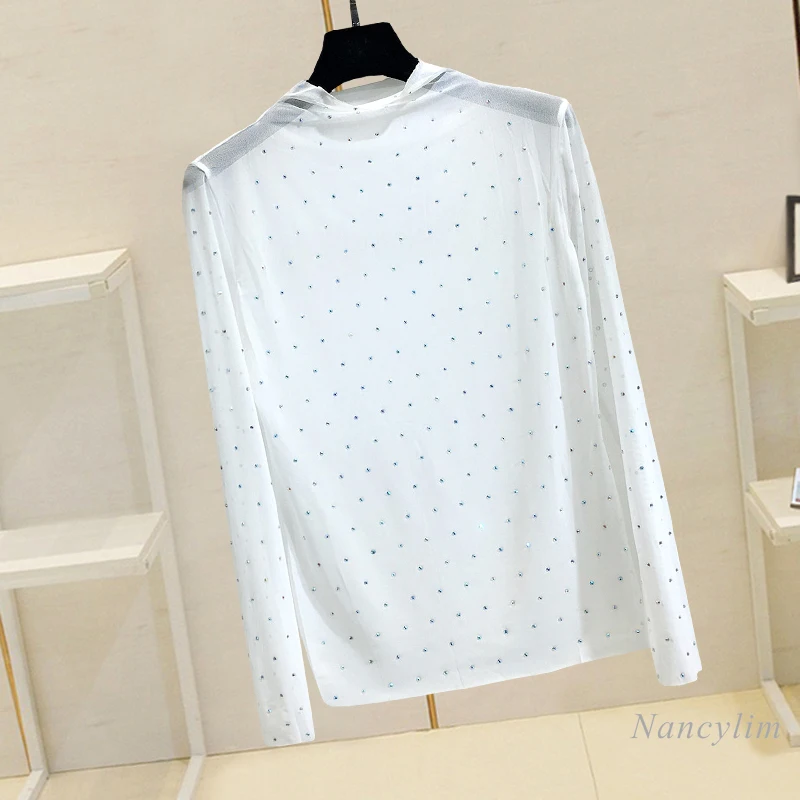 

Diamond Mesh Shirt Women 2021 Spring New Inner Wear Thin Sexy Turtleneck Top T-shirt White Black Nancylim