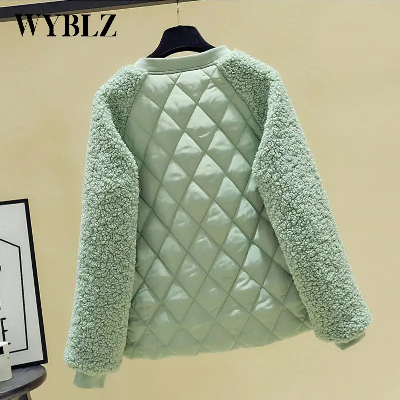 Winter Women Lamb Wool Short jacket 2021 New Korean Loose Lambswool Splice Parkas coat Female Cotton-padded Jackets Outwear