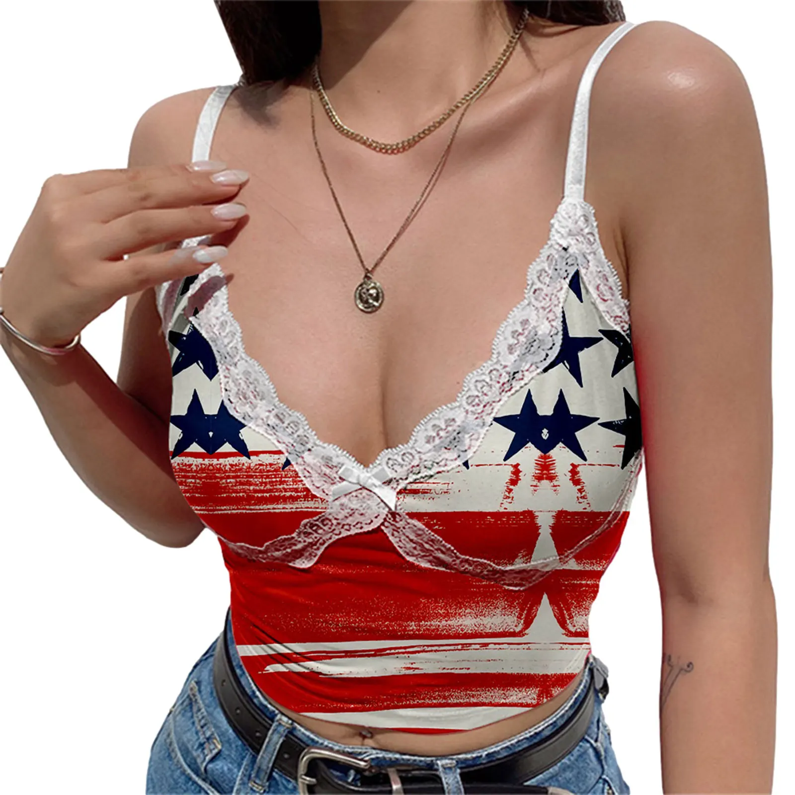 

Summer Sexy Crop top T-shirt for Women 2021, Webbing American Independence Day Ladies Deep V-Neck Lace Camisole