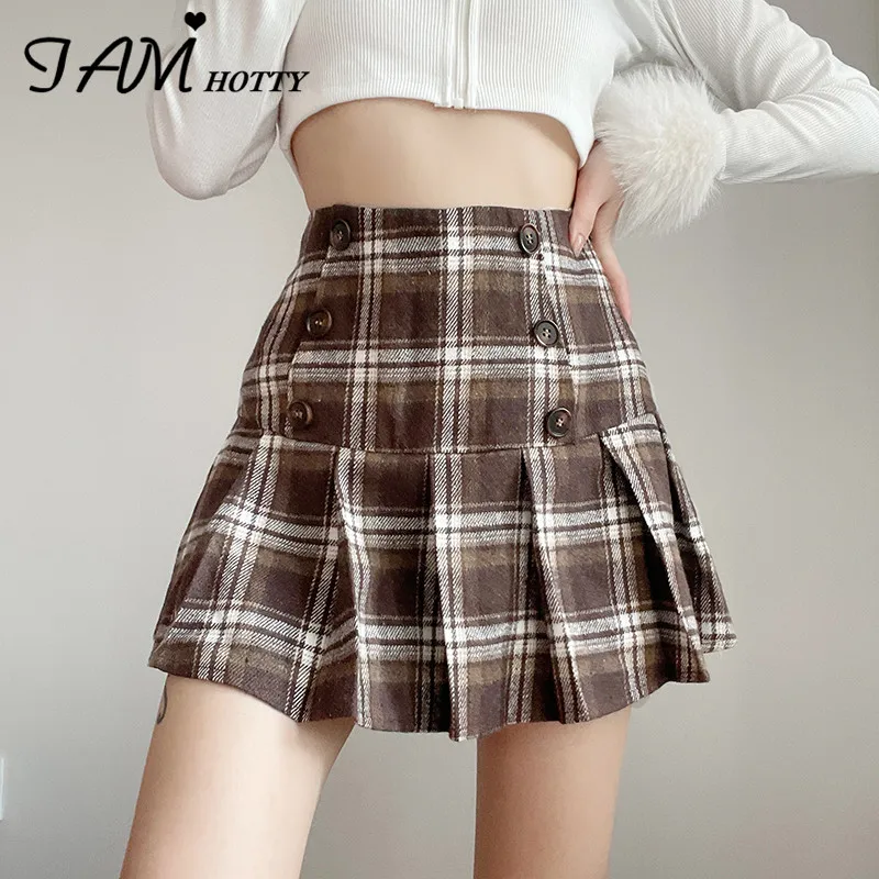 

IAMHOTTY Button Plaid Pleated Mini Skirt Women Brown High-waisted A Line Skirts Preppy Style Korean Chic Streetwear Cute Bottoms