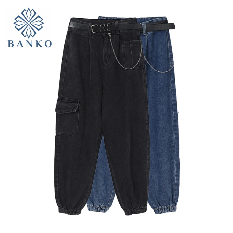 

Женские джинсы-шаровары с поясом, повседневные свободные винтажные брюки-карго синего цвета с высокой талией и широкими штанинами в стиле б...