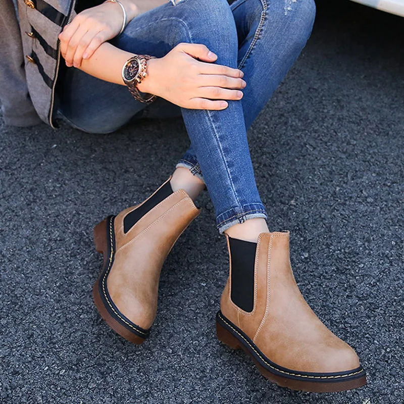 

Gykaeo Female Leather British Cotton Boots with Thick Flat Round Warm Large Size Boots Women Soft Bottom Shoes Sapato Feminino