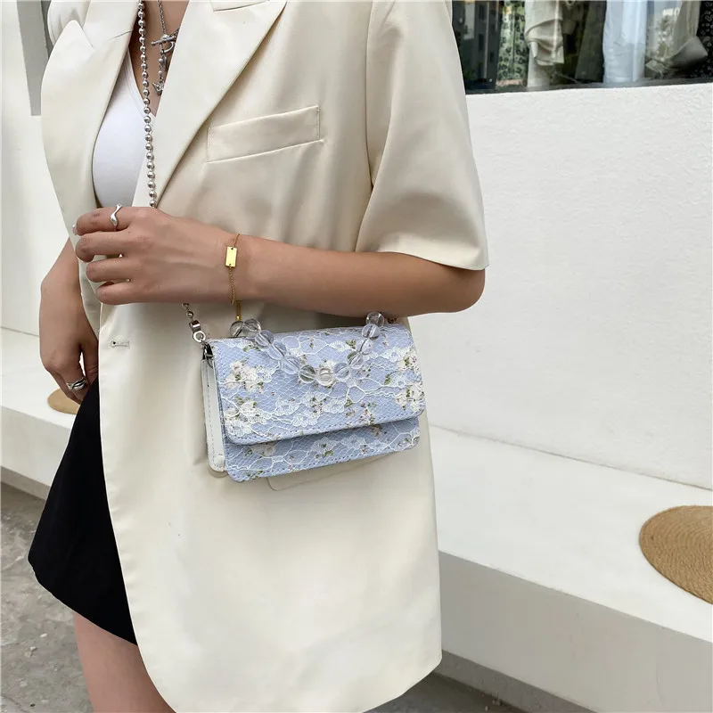 

Girl Floral Pearl Chain Messenger Bag Ladies Summer Fashion Single Shoulder Small Square Bag Leisure Holiday 2021 New