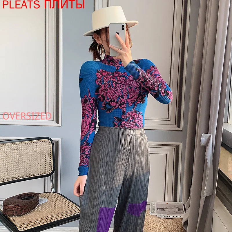 

Miyake Pleated Long Sleeve Women's Top Half High Collar Bottoming Shirt Women's Slim Fit with T-shirt Oversized T Shirt