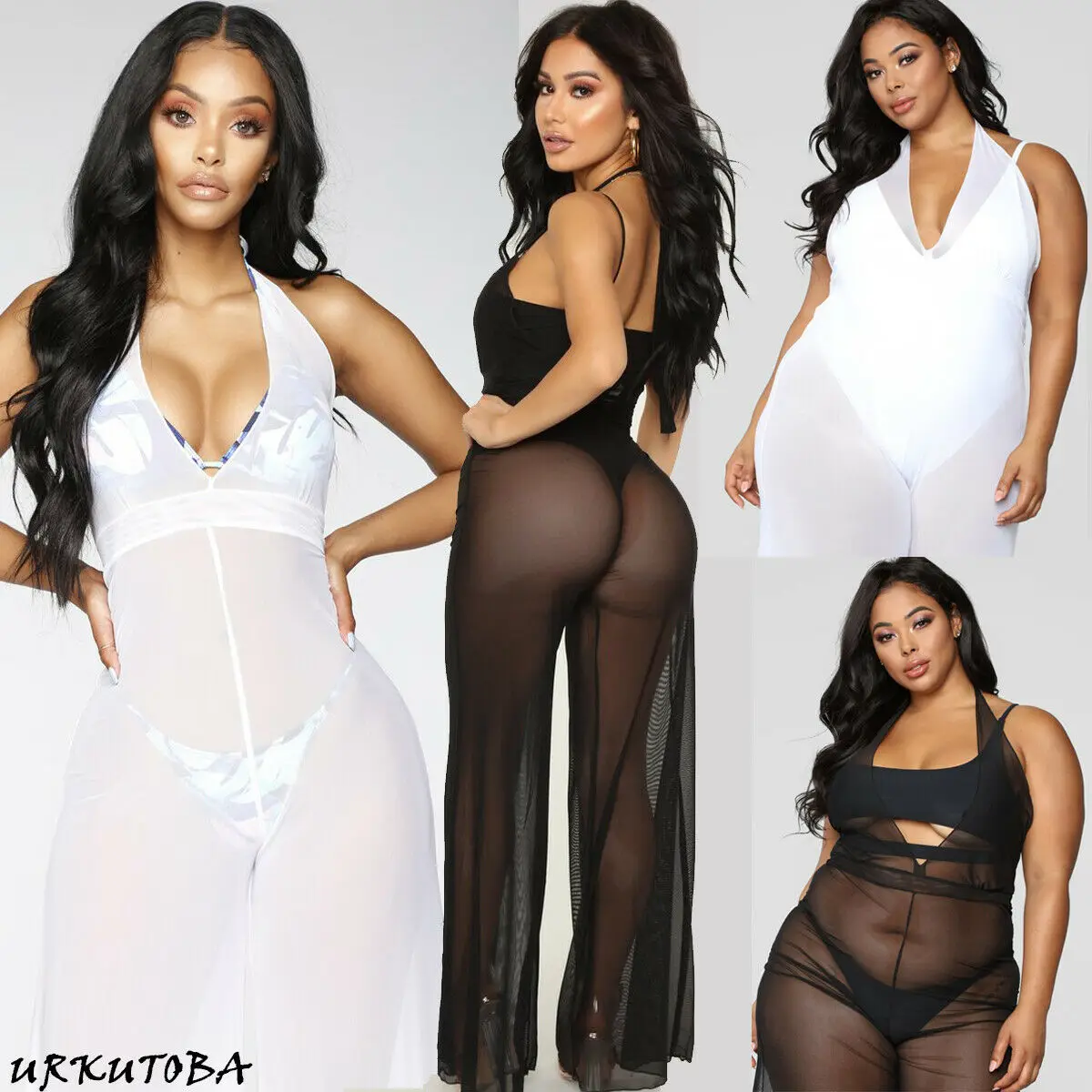 Женский сетчатый комбинезон с v-образным вырезом и открытой спиной широкими