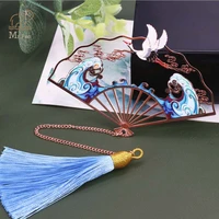 retro folding fan bookmarks metal white crane flying over the waves tassel bookmark stationery book clip office accessories
