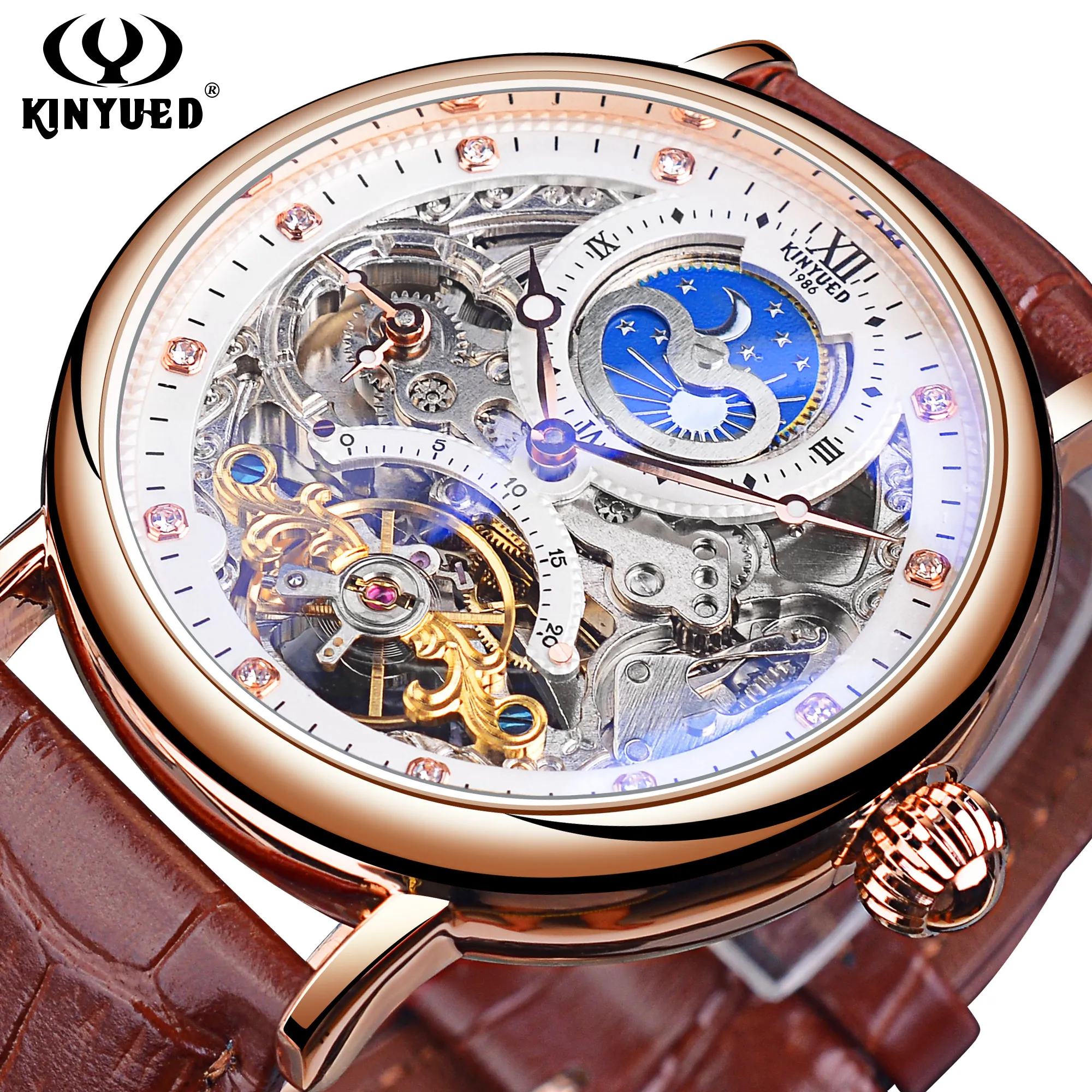 

KINYUED Skeleton Mechanical Watches Men Automatic Watch Tourbillon Casual Military Wristwatch With Moon Phase Relogio Masculino