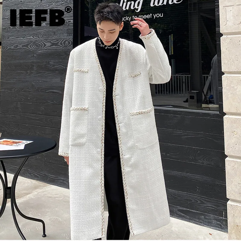 

IEFB Autumn Winter Medium Long Light Luxury Weave Woolen Coat Profile Personality White Collarless Single Breasted Coat 9A0540