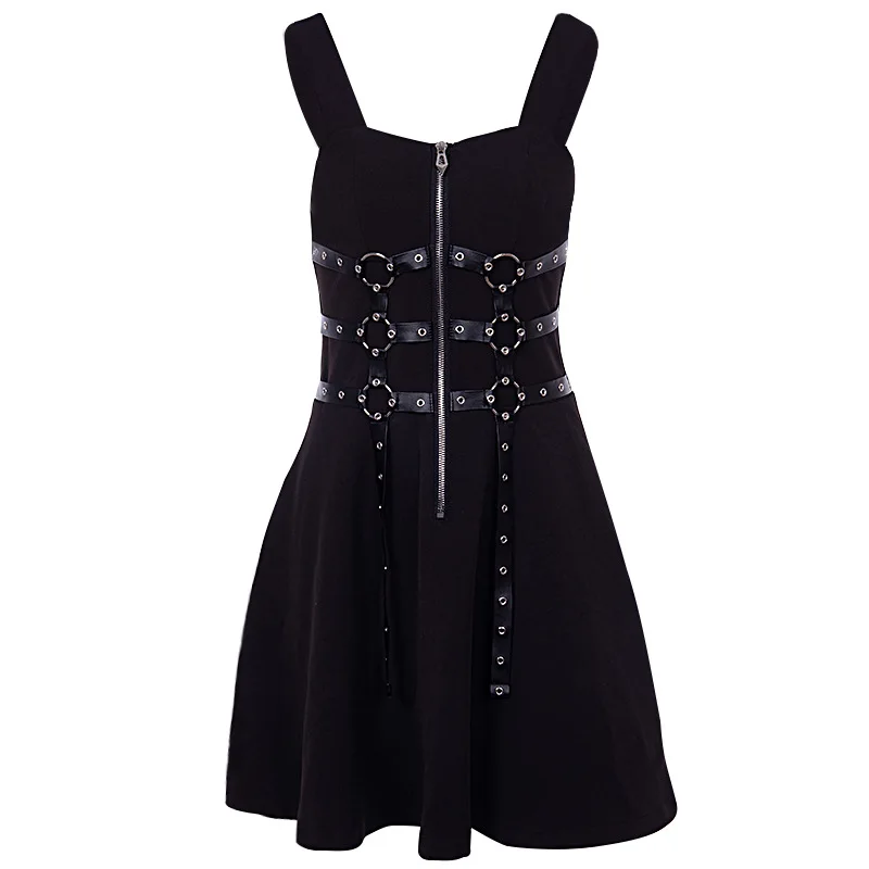 

New Summer Women Gothic Lolita Dress Eyelet Web Zipper Sexy Party Black Harajuku Punk Sleeveless Backless A-line Mini Dresses