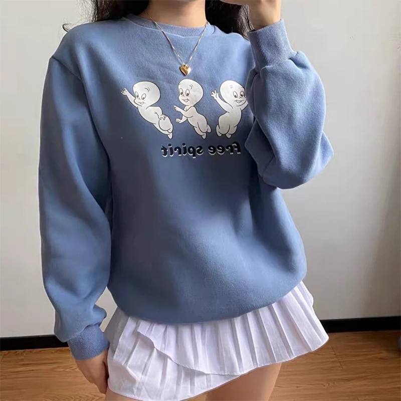 

Free Cartoon Print Female Cute Pullover Thick hoodie Warm Long Sleeve Tops Plus Size Loose Haze Blue sweatshirt women